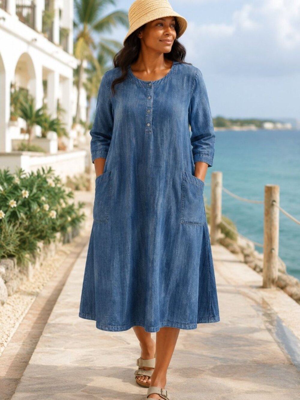 Pure Jill Indigo LP Chambray Gauze Tunic Midi Dress Cotton Loungewear Lagenlook
